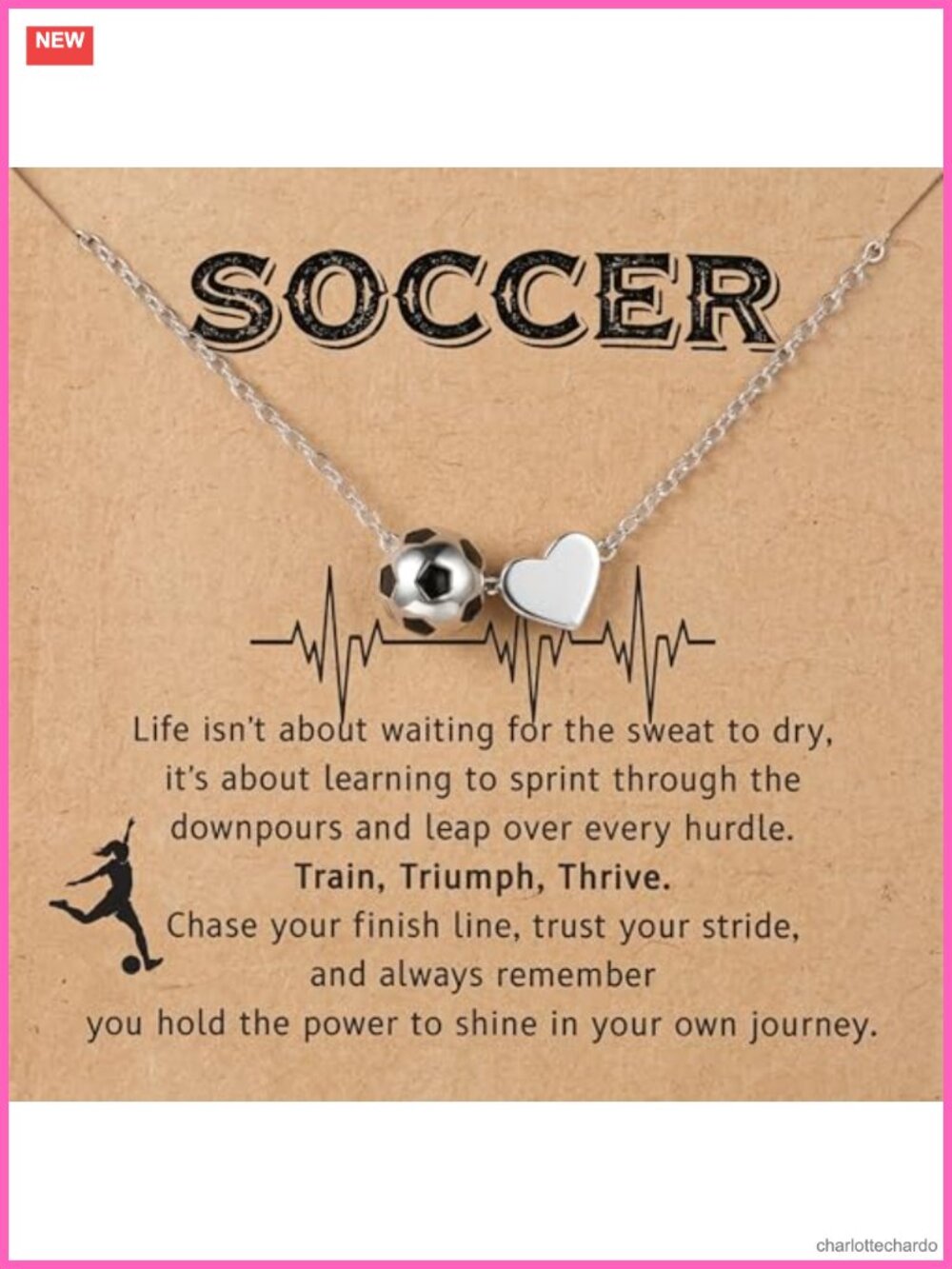 Soccer Heart Pendant Necklace Sterling Silver Plated Adjustable